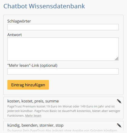 Website Chatbot einrichten per Keywords